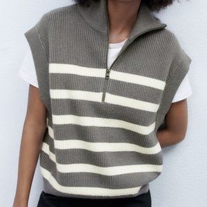 Zara White and Gray Half Zip Sweater